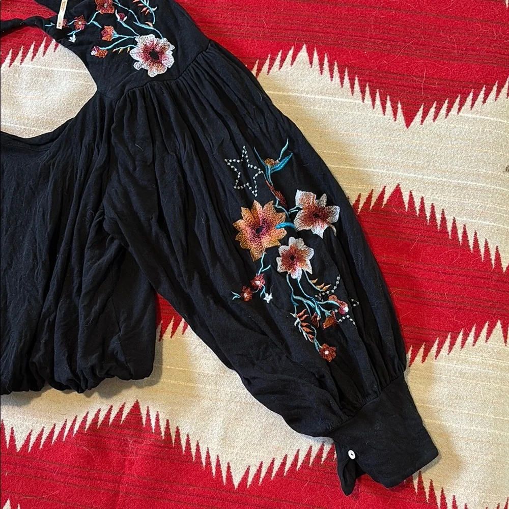 Free People Black Blouse with Colorful Floral Details - Picture 3 of 5